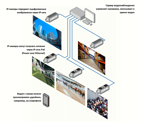 На фото – типовая структура системы IP-видеонаблюдения