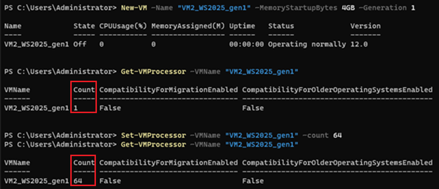 Изменение числа виртуальных процессоров через PowerShell