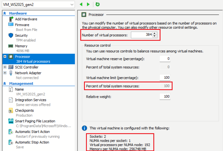 Изменение числа виртуальных процессоров для ВМ поколения 2 через Hyper-V Manager