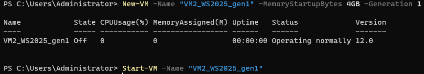 Создание новой виртуальной машины поколения 1 с помощью команд PowerShell