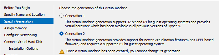 Поколение 2 по умолчанию при создании ВМ в Hyper-V Manager