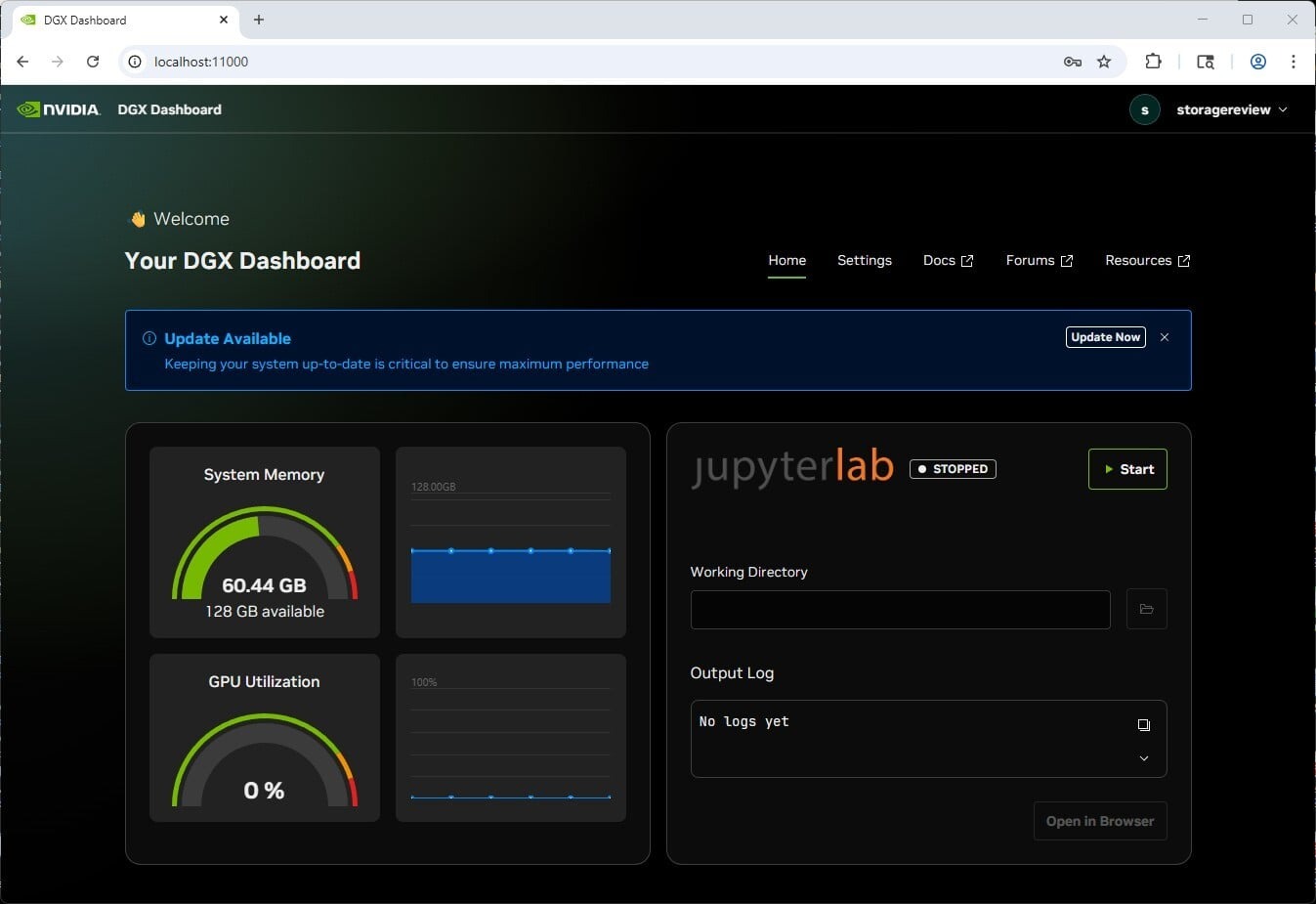 Пример DGX Dashboard из исходного обзора: состояние системы и доступ к рабочим инструментам.