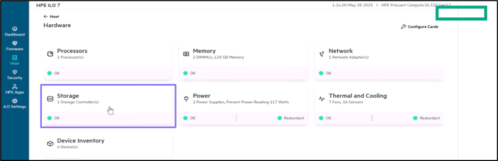 Подраздел Hardware раздела Host в HPE iLO 7