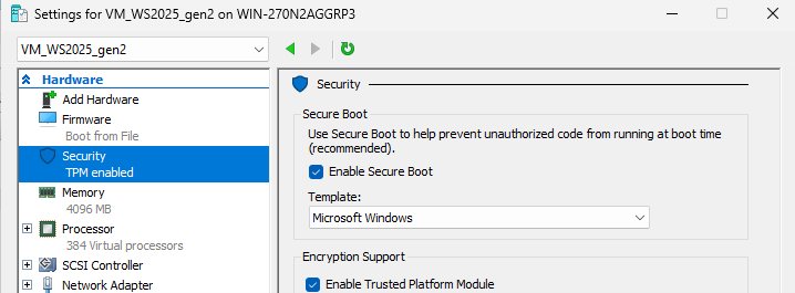 Включение Secure Boot и TPM для виртуальной машины поколения 2
